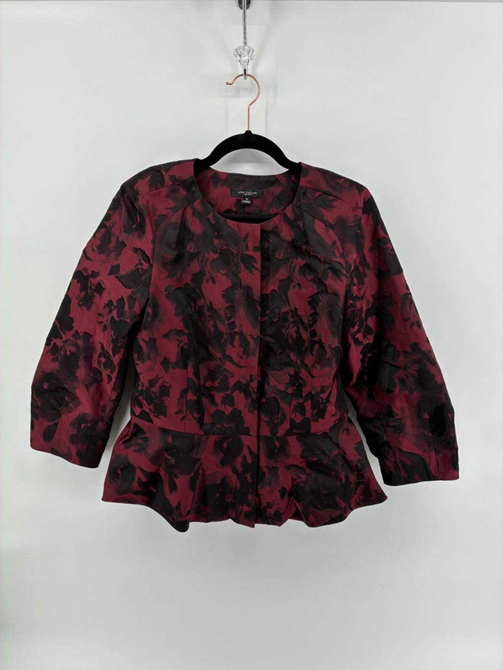 Ann Taylor Peplum Black and Burgundy Floral Jacket Full Zip